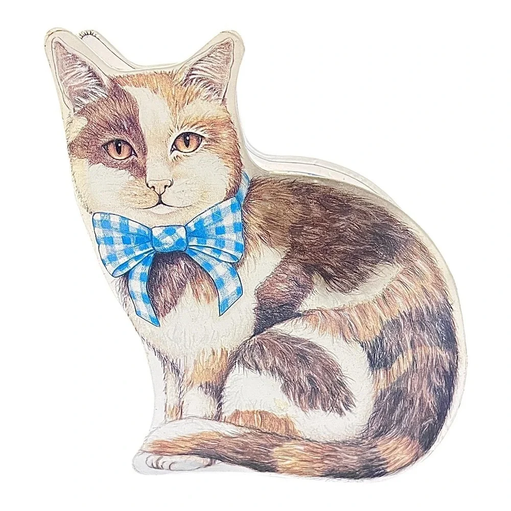 Vtg Calico Cat w/ Blue Plaid Bow Two Piece Trinket Cookie Tin Box 7